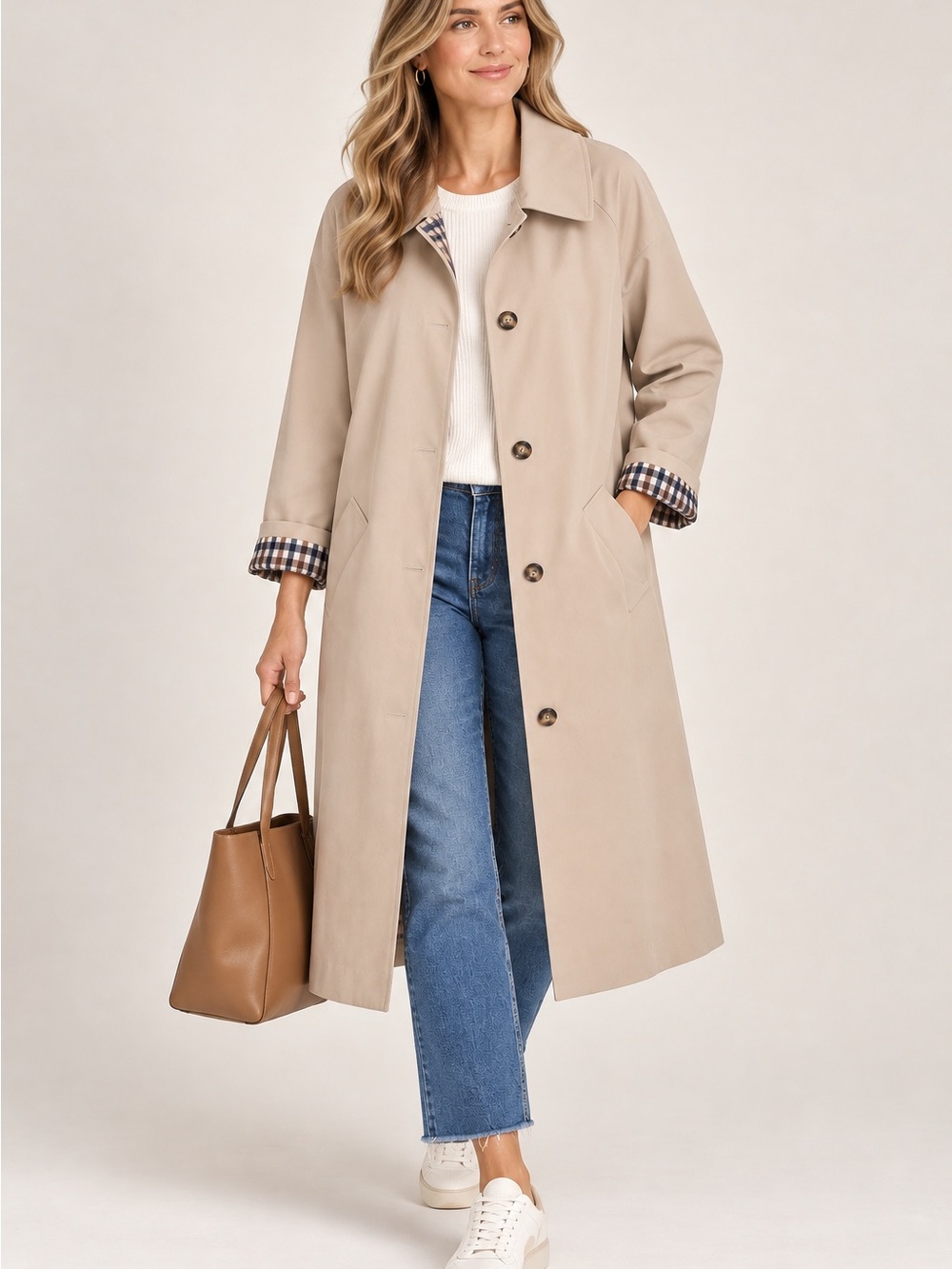 Tan Trench Coat Plaid Lined Classic Button Front Lightweight Jacket